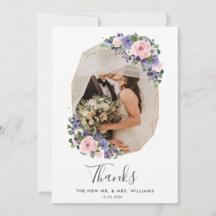 Blush Purple Floral Gold Geometric Photo Wedding Thank You Card
