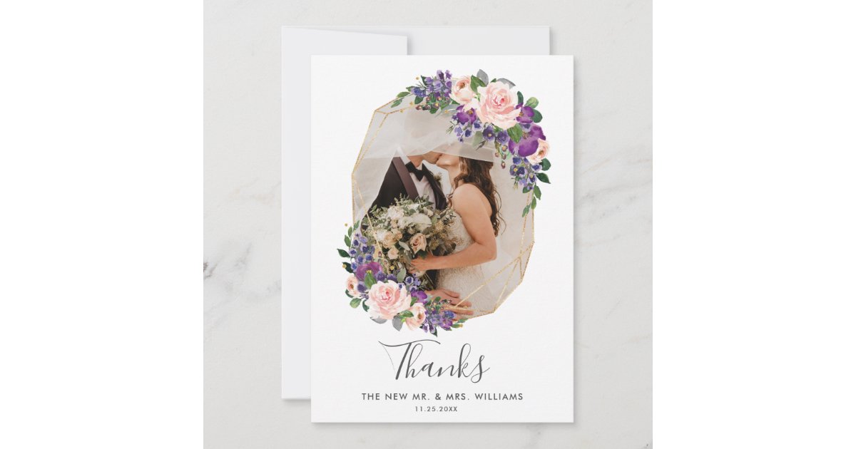 Blush Purple Floral Gold Geometric Photo Wedding Thank You Card | Zazzle