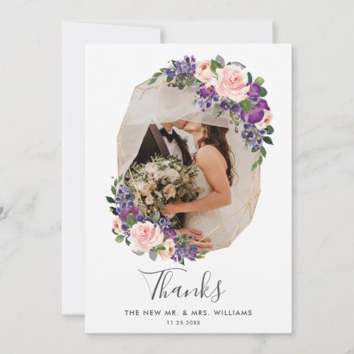 Blush Purple Floral Gold Geometric Photo Wedding Thank You Card