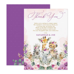 Blush Purple Floral Jungle Safari Girl Baby Shower Thank You Card