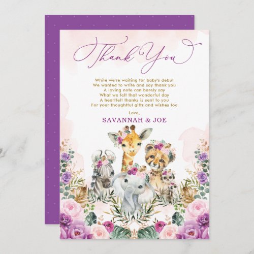 Blush Purple Floral Jungle Safari Girl Baby Shower Thank You Card