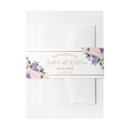 Blush Purple Floral Roses Gold Greenery Wedding Invitation Belly Band