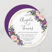 Blush Purple Floral Wedding Gold Glitter Circle Invitation (Front/Back)