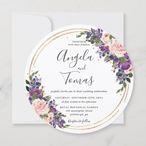 Blush Purple Floral Wedding Gold Glitter Circle Invitation