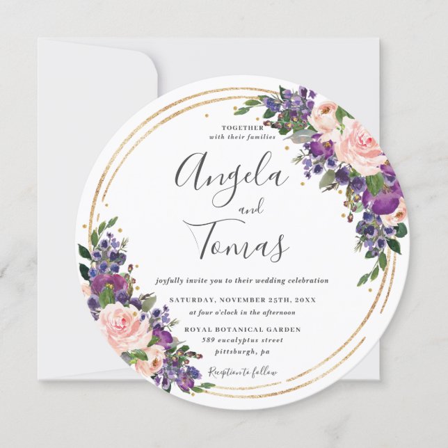 Blush Purple Floral Wedding Gold Glitter Circle Invitation (Front)