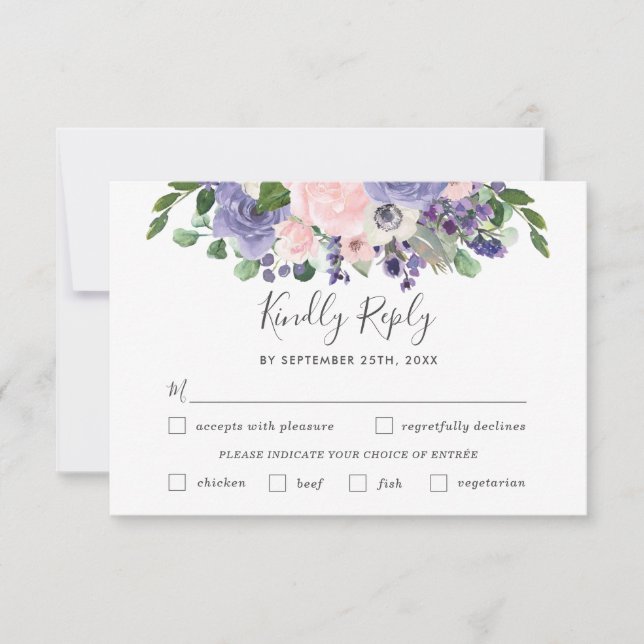 Blush Purple Floral Wedding Meal Choice RSVP Card (Front)