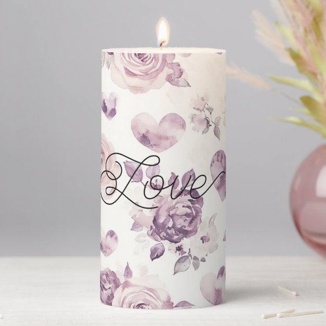 Blush Purple Hearts Flowers Love Pillar Candle (In Situ)