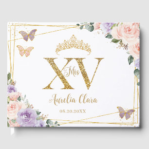 Blush Purple Lilac Floral Gold Quinceañera XV Guest Book
