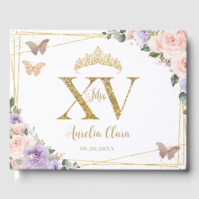 Blush Purple Lilac Floral Gold Quinceañera XV Guest Book (Front)