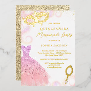 Blush Purple Masquerade Party Dress Quinceanera Foil Invitation