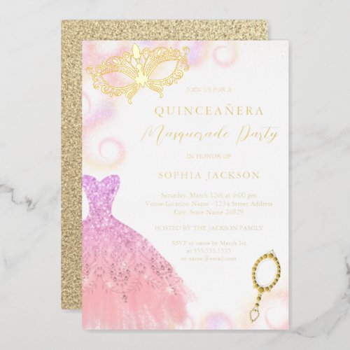 Blush Purple Masquerade Party Dress Quinceanera Foil Invitation