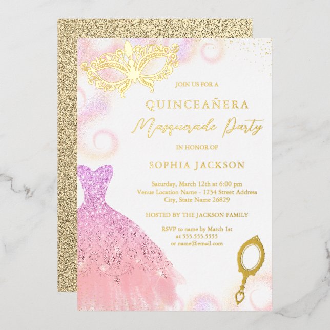 Blush Purple Masquerade Party Dress Quinceanera Foil Invitation (Front/Back)
