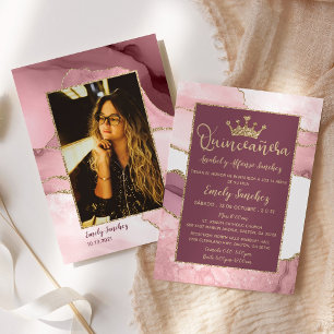Blush Purple Pink Gold Trendy Quinceañera Photo Invitation