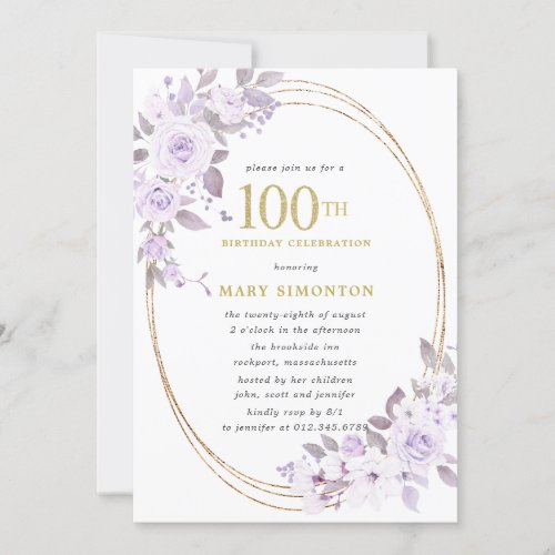 Blush Purple Rose Floral 100th Birthday Party Invitation