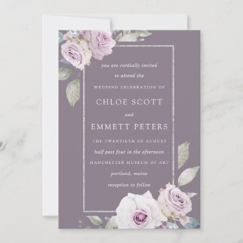 Blush Purple Rose Floral Silver Wedding Invitation