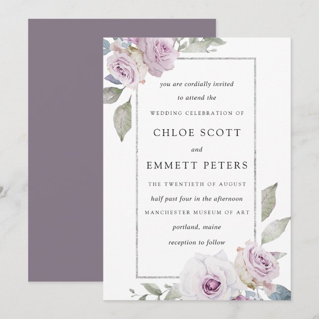 Blush Purple Rose Floral Silver Wedding Invitation (Front/Back)