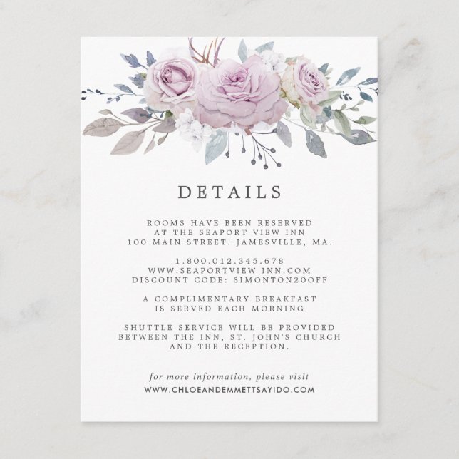 Blush Purple Rose Floral Wedding Guest Details Enclosure Card (Front)