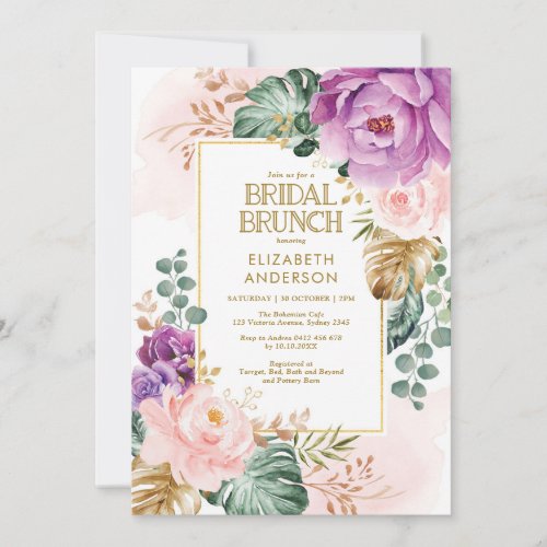 Blush Purple Roses Tropical Greenery Bridal Brunch Invitation