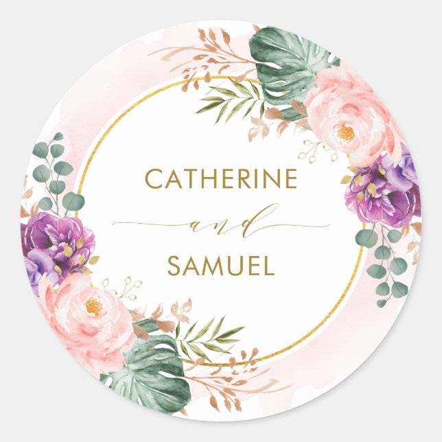 Blush Purple Tropical Bohemian Floral Wedding Classic Round Sticker (Front)