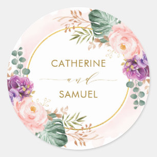 Blush Purple Tropical Bohemian Floral Wedding Classic Round Sticker