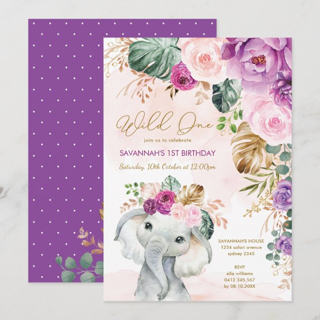 Blush Purple Tropical Floral Elephant 1st Birthday Invitation (Front/Back)