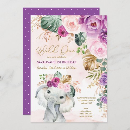 Blush Purple Tropical Floral Elephant 1st Birthday Invitation