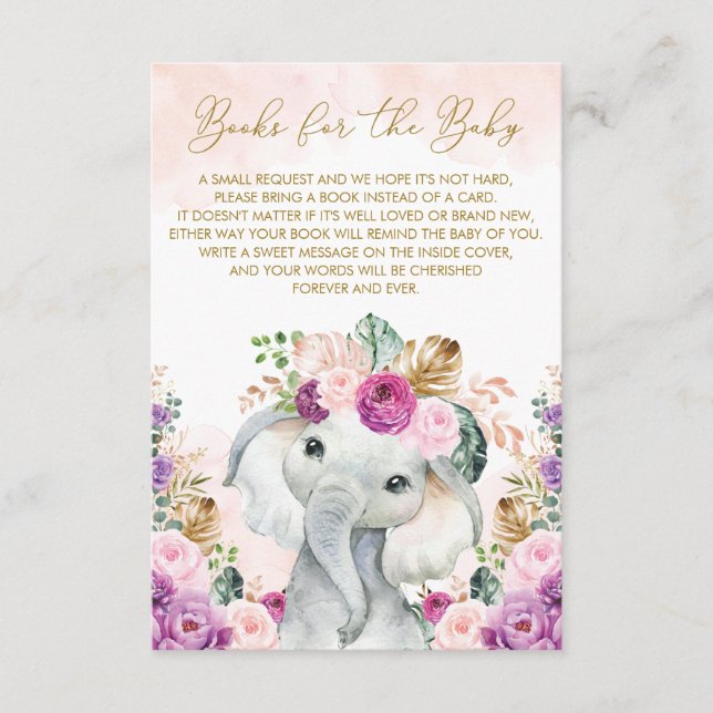 Blush Purple Tropical Floral Elephant Bring a Book Enclosure Card (Front)