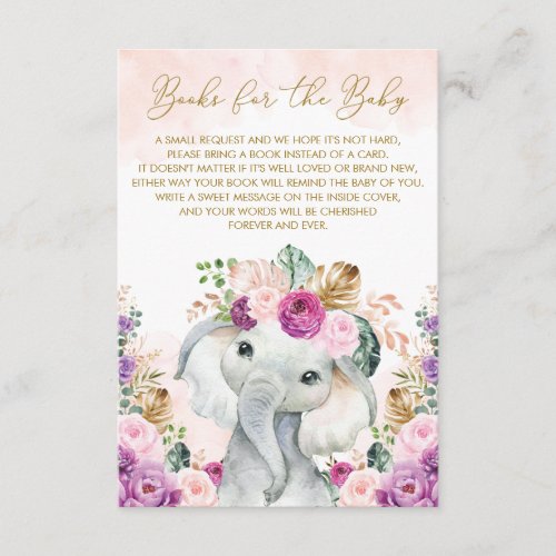 Blush Purple Tropical Floral Elephant Bring a Book Enclosure Card