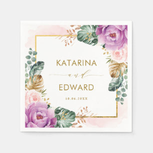 Blush Purple Tropical Floral Greenery Wedding Napkins