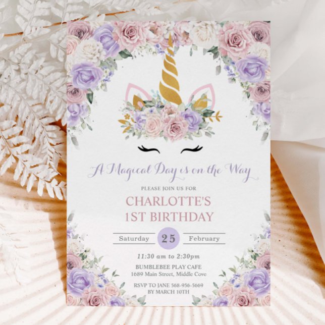 Blush Purple White Floral Unicorn 1st 2nd Birthday Invitation (Creator Uploaded)