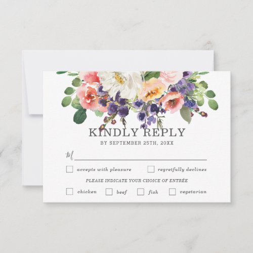 Blush Purple White Floral Wedding Meal Choice RSVP Card