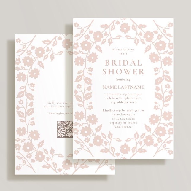 Blush QR Code White Folk Floral Bridal Shower Invitation (Creator Uploaded)