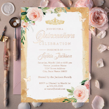 Blush Quinceanera Floral Sparkle Rose Gold Tiara  Foil Invitation by LittleBayleigh at Zazzle