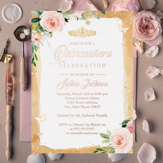 Blush Quinceanera Floral Sparkle Rose Gold Tiara  Foil Invitation (Creator Uploaded)