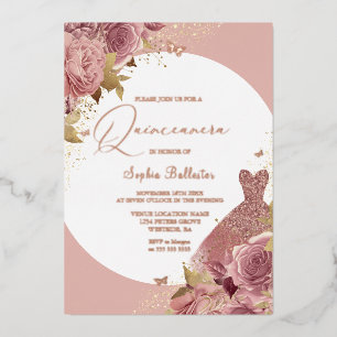 Blush Quinceanera Flowers & Dress Rose Gold Script Foil Invitation