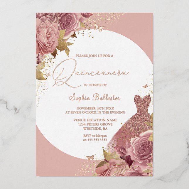 Blush Quinceanera Flowers & Dress Rose Gold Script Foil Invitation (Front)