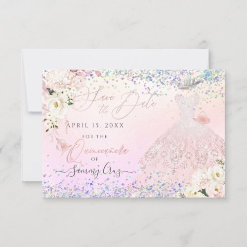 Blush Quinceanera Save Date Holographic Confetti I Invitation