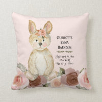 Blush Rabbit Floral Roses Girl Baby Birth Stats Throw Pillow