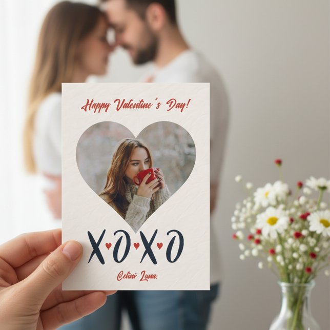 Blush Red Brushstroke XOXO Valentine Photo Love   Holiday Card (Blush Red Brushstroke XOXO Valentine Photo Love Holiday Card)
