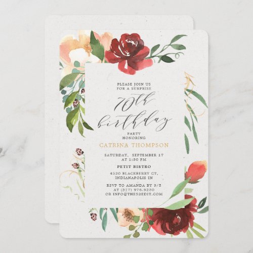 Blush Red Floral 70th Surprise Birthday Party Invitation