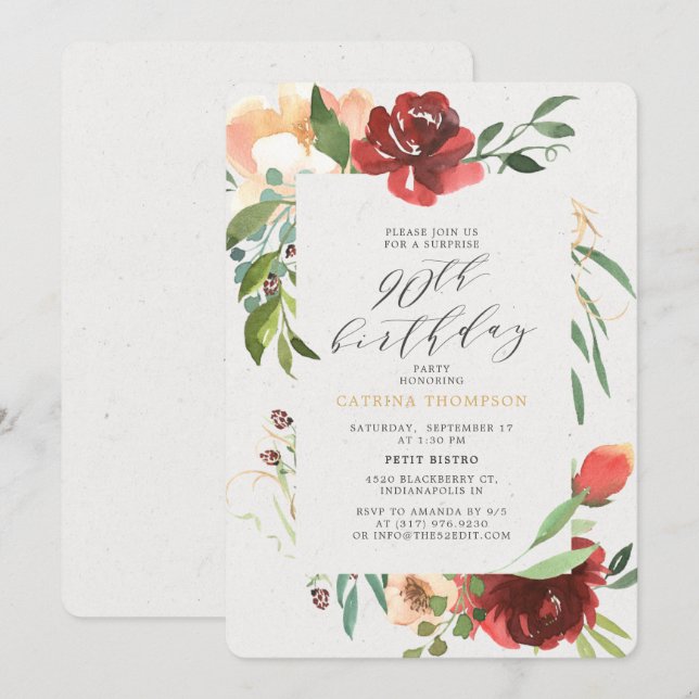 Blush Red Floral 90th Surprise Birthday Party Invitation (Front/Back)