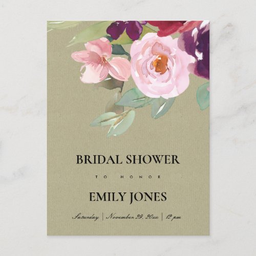 BLUSH RED MARSALA KRAFT ROSE FLORAL BRIDAL SHOWER INVITATION POSTCARD