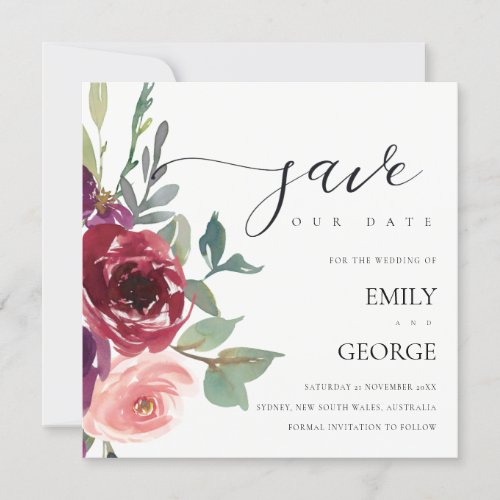 BLUSH RED MARSALA ROSE FLORAL SAVE THE DATE CARD