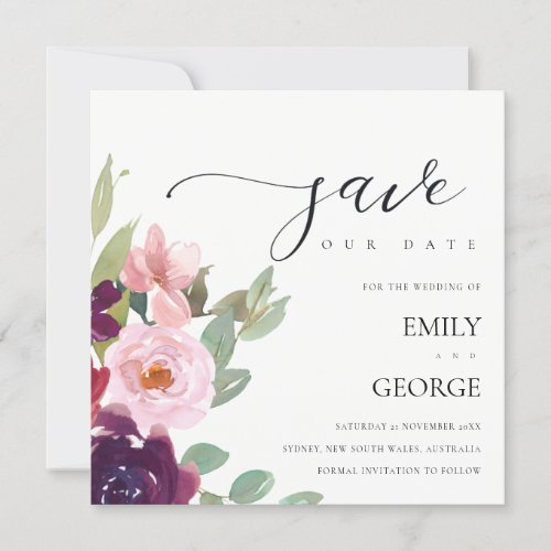 BLUSH RED MARSALA ROSE FLORAL SAVE THE DATE CARD