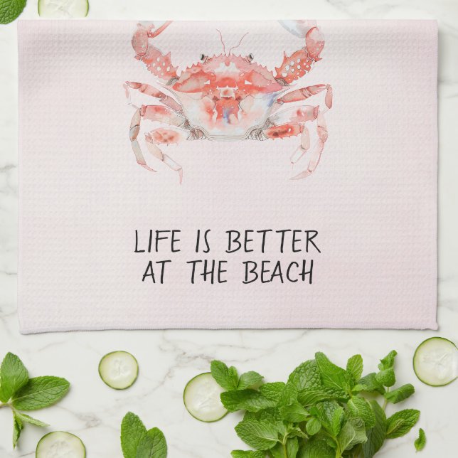 Blush Red Ocean Crab Kitchen Towel (Folded)