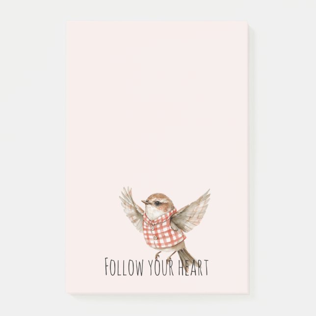 Blush Red Plaid Stripes Bird Post-it Notes (Front)
