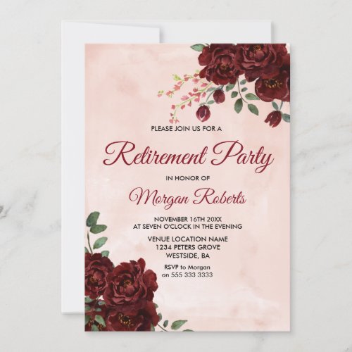 Blush Red Rose Floral Retirement Party Invite