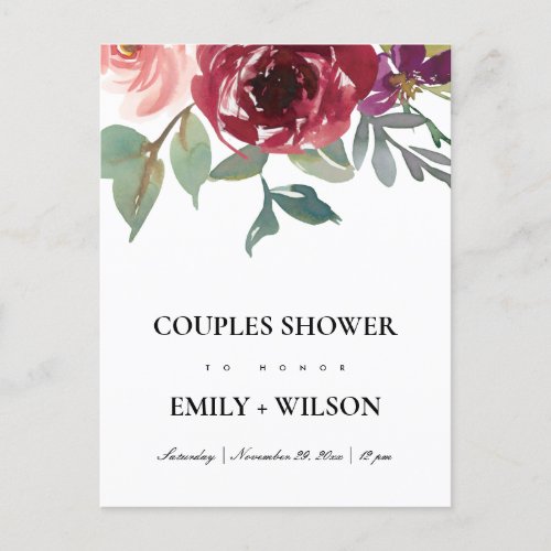 BLUSH RED ROSE WATERCOLOR FLORAL COUPLES SHOWER INVITATION POSTCARD