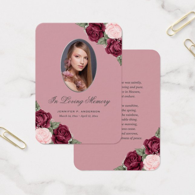 Blush Red Silver Memorial Funeral Prayer Card (Office)