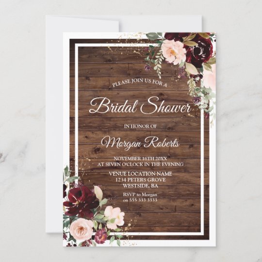 Blush & Red Wine Floral Rustic Bridal Shower Invitation | Zazzle.com